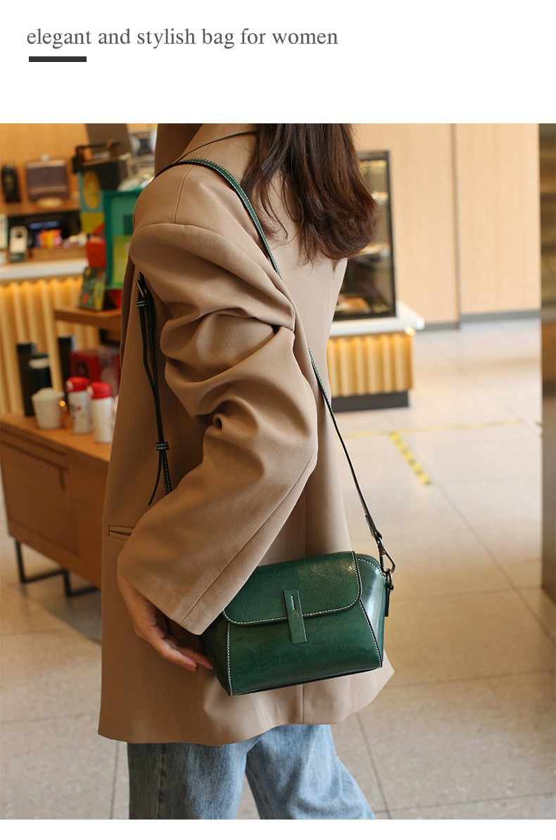 Oil Wax Cowhide Genuine Leather Crossbody Small Bag for Women Fashionable Versatile Shoulder Shell Handbag Lady Casual Phone Bag