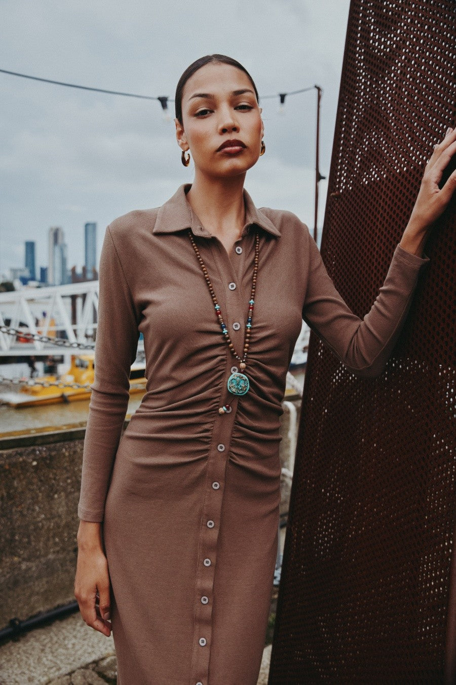 AS AW25 woman dress turn-down collar ribbing high elastic shirring maxi dress