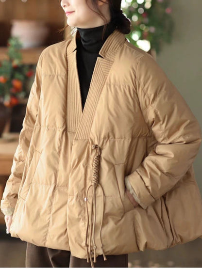 Vefadisa 2024 Autumn Winter New Red Women Parkas Coat V-neck Long Sleeve Short Parkas Casual Warm All-match Parkas Coat ZXY1194A