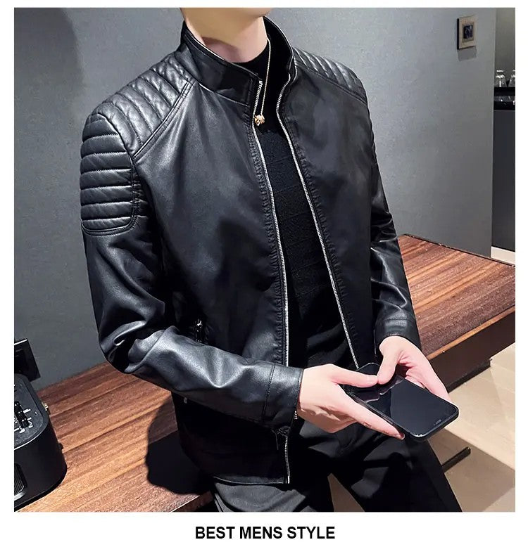 Men standing collar Jacke, leather motorcycle jacket men,bomber leather coat?fashion trend personalized leather winter clothing