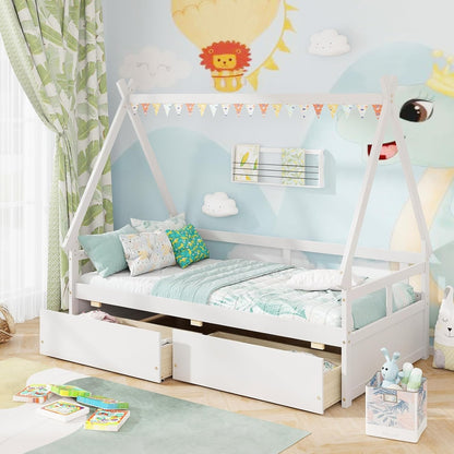 Twin Bed with 2 Storage Drawers, Wood Montessori House Tent Bed Frame with Safety Guardrail, Low Teepee Bed with Wood Sl