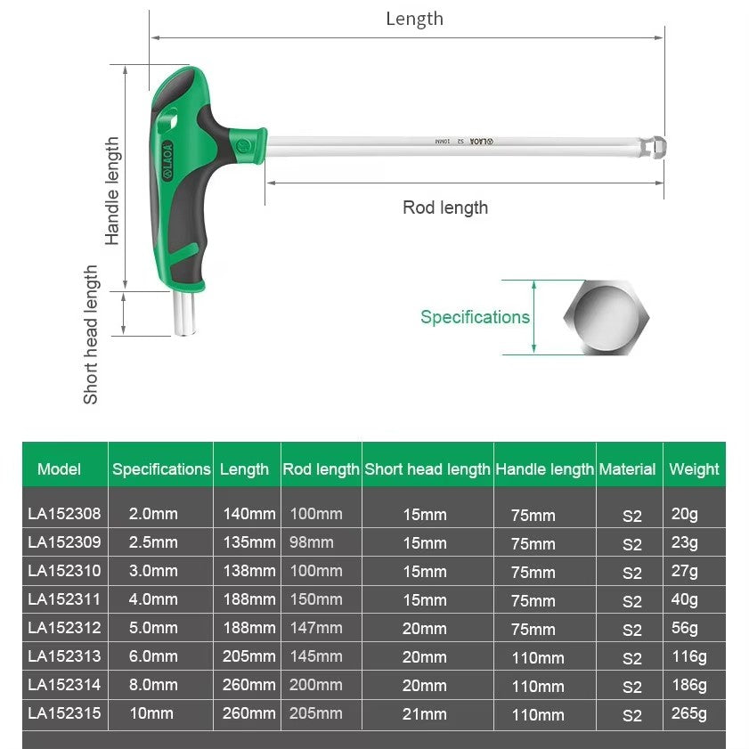 LAOA 1 peça de conjunto de chave allen T-ball de 2 a 10 mm S2, chave hexagonal 58HRC, chave de fenda hexagonal para ferramentas de hardware