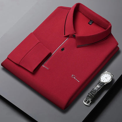 New Men's Business Casual Long Sleeved Shirt with Badge Solid Color Polo Shirt Fashionable Breathable Comfortable Versatile Top