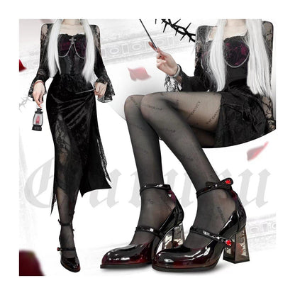 New 2024 Punk Gothic High Heels Pumps Women Rose Heeled Patent Leather Lolita Shoes Woman Y2K Ankle Straps Black Mary Jane Shoes