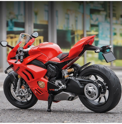 Modelos de motocicleta em miniatura 1:9 Scale 1299 V4S Brinquedos de motocicleta de liga leve com som, luz e absorção de choque, motocicletas de ornamento para presentes infantis