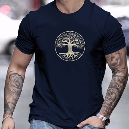 Men's summer 100% pure cotton fashionable casual sports wide pine pattern printed sports round neck short sleeved T-shirt top