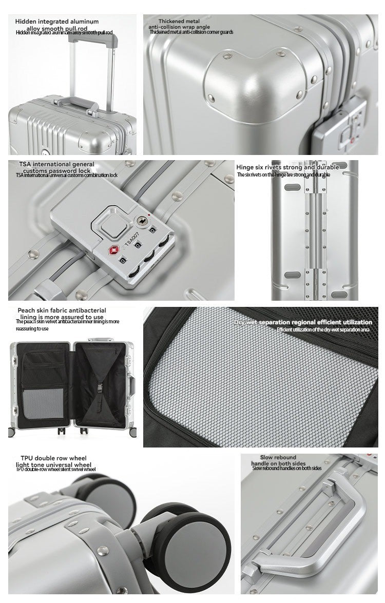 Aluminum magnesium alloy password box, pull rod box, universal wheel travel box, luggage compartment, boarding case