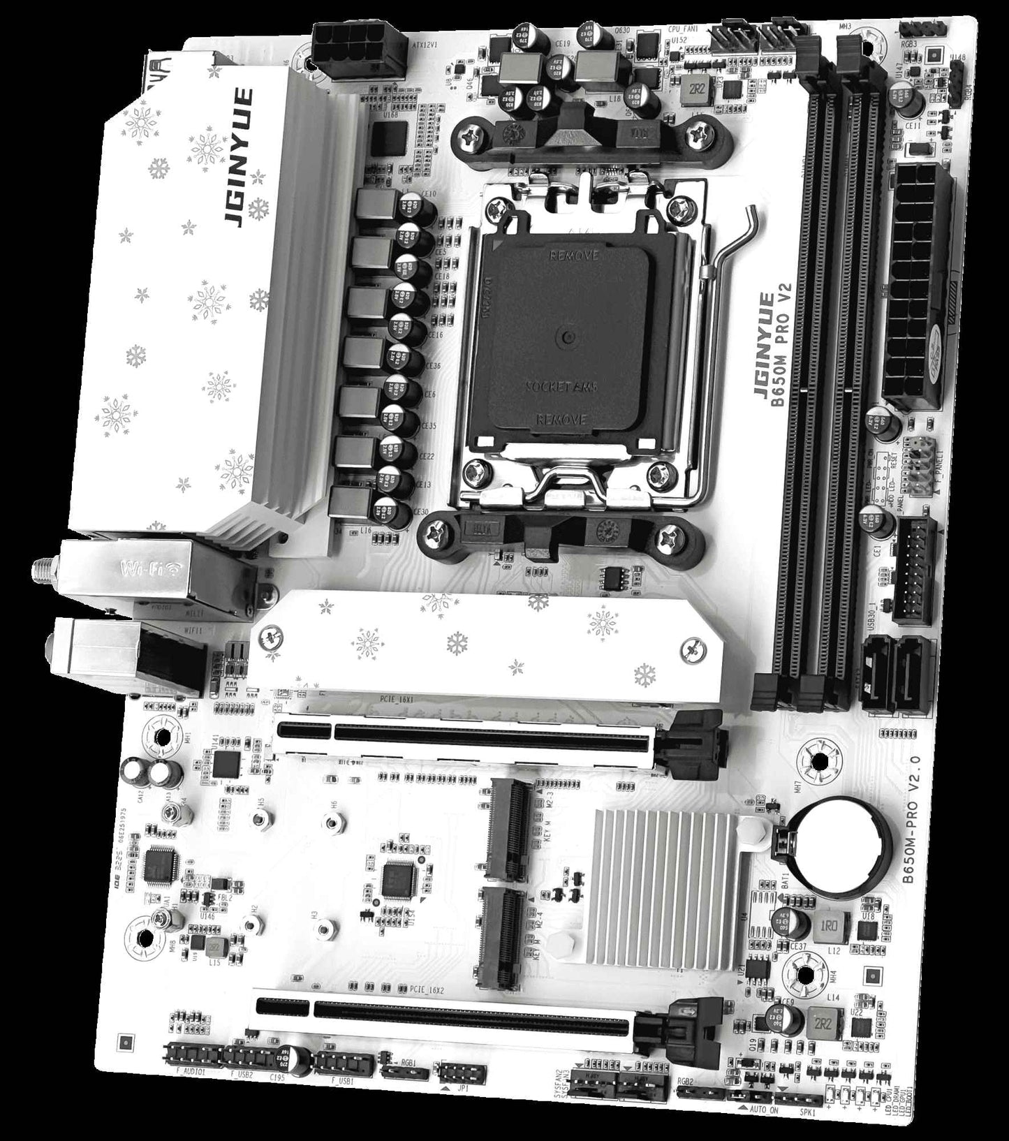 Placa-mãe JGINYUE B650M PRO V2 AM5 M-ATX para processadores AMD® Ryzen™ 7000/8000/9000 Series DDR5 RAM de até 96GB e 3 Slots M.2 para computadores (sem Wi-Fi)