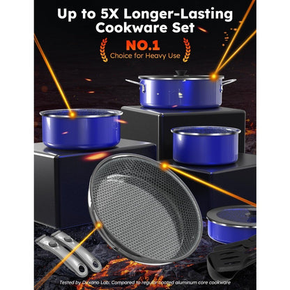 Pro 12 peças, conjunto de panelas e frigideiras de aço inoxidável híbrido 3 camadas, cerâmica de 2 camadas, para indução, para selar e fritar em alta temperatura