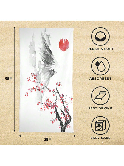 Japanese Sakura Sun And Mountain Beach Towel Microfiber Beach Towels, Oversized Lightweight Quick Dry Sand Proof, Absorbent