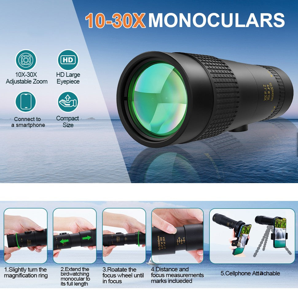 Telescópio Profissional 10-30X30, Lente Telescópica com Zoom para Celular com Tripé, Material em Liga de Alumínio, Base para Tripé, Adequado para Viagens ao Ar Livre, Fotografia de Caminhadas