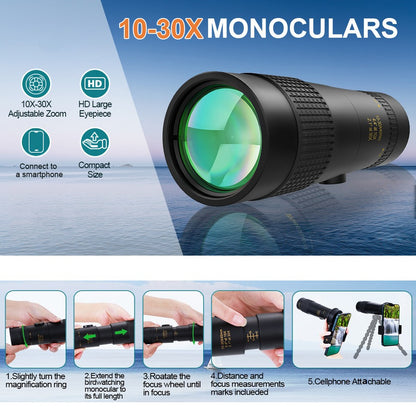 Telescópio Profissional 10-30X30, Lente Telescópica com Zoom para Celular com Tripé, Material em Liga de Alumínio, Base para Tripé, Adequado para Viagens ao Ar Livre, Fotografia de Caminhadas