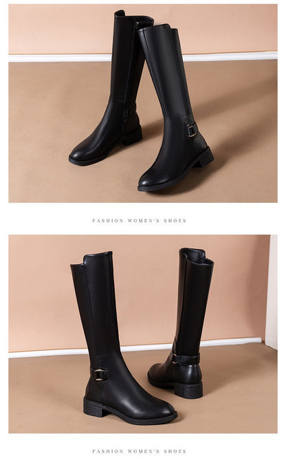 Black Pu Leather Knee Boots for Women Shoes Metal Buckle Decoration New Fashion Outdoor Long Botas Ladies Footwear Size 34-41