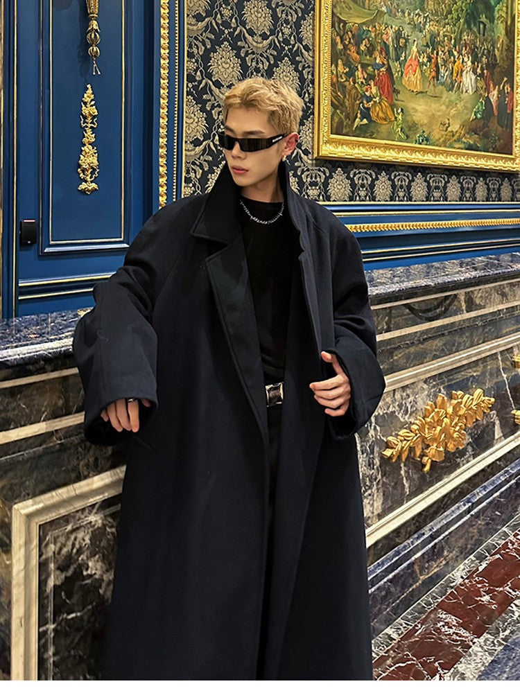 Mauroicardi Autumn Winter Oversized Extra Long Warm Navy Blue Wool Blends Coat Men Loose Luxury Designer Woolen Overcoat 2024