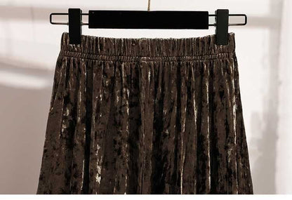 Plus Size Plus Size Women's Velvet Pleated A- Line Midi Skirt Autumn Winter Slimming Half-length Versatile Fashionable Commut...
