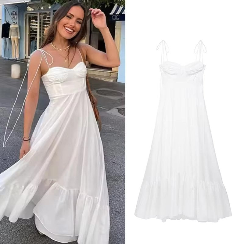 TFMLN New Elegant Women's Tierred Long Dress Summer Classic Fashion Solid Side Zipper Dresses High-Waist A-line Party Soft Dress