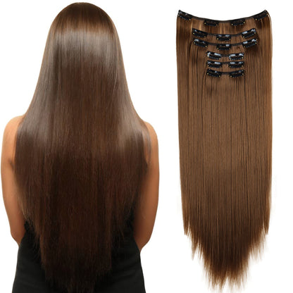 Apliques de Cabelo Natural de 24 Polegadas Cabelo Sintético para Mulheres Kit de Fios de Cabelo 16 Tic-Tacs em 6 Peças Apliques Mechas de Cabelo