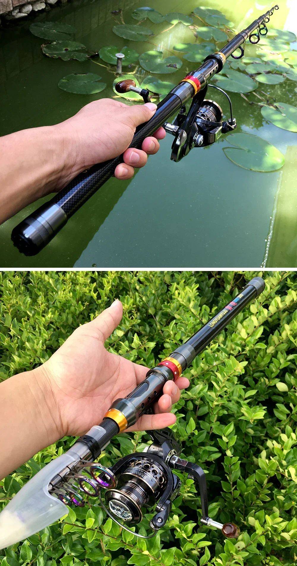 Conjunto Vara e Carretilha de Pesca Spinning 1.8-3.6m Fibra de Carbono para Pesca em Mar e Carretel de Metal com Relação de Recolhimento 5.2:1 com Linhas para Baixo e Carpa