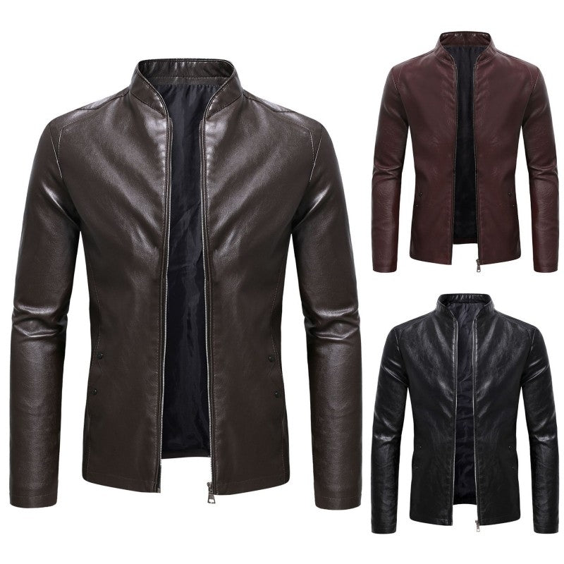 2024 Spring New Men's Business Casual Slim Long-sleeved Pu Leather Jacket Jacket Side Seam Pocket Zipper Solid Color