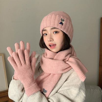Embroidered Puppy Knitted Hat Scarf Gloves Three-Piece Set for Women Winter Warmth Earflap Beanie