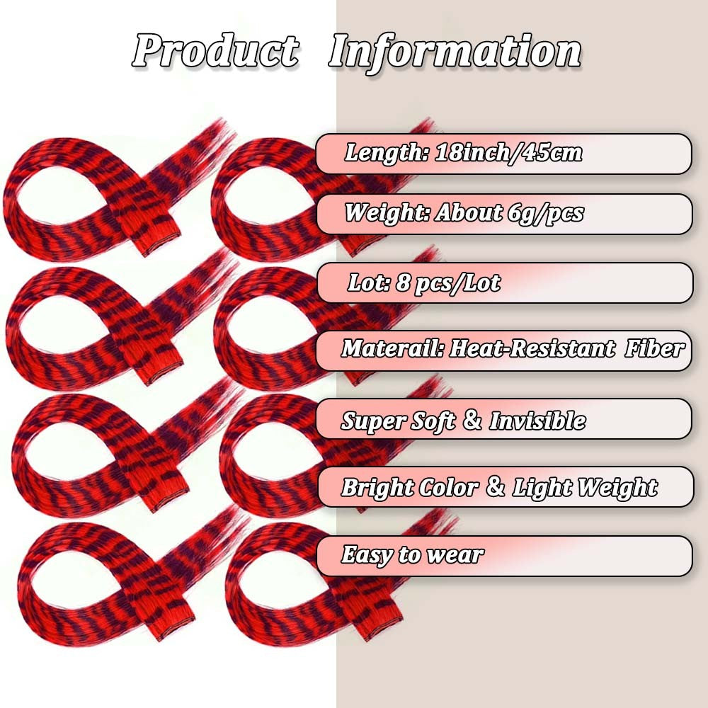 Extensões de Cabelo de Pena Coloridas 8 Peças 45cm Estampa de Listras de Animais Presilha de Cabelo Sintético Arco-Íris para Cosplay, Festas, Festivais