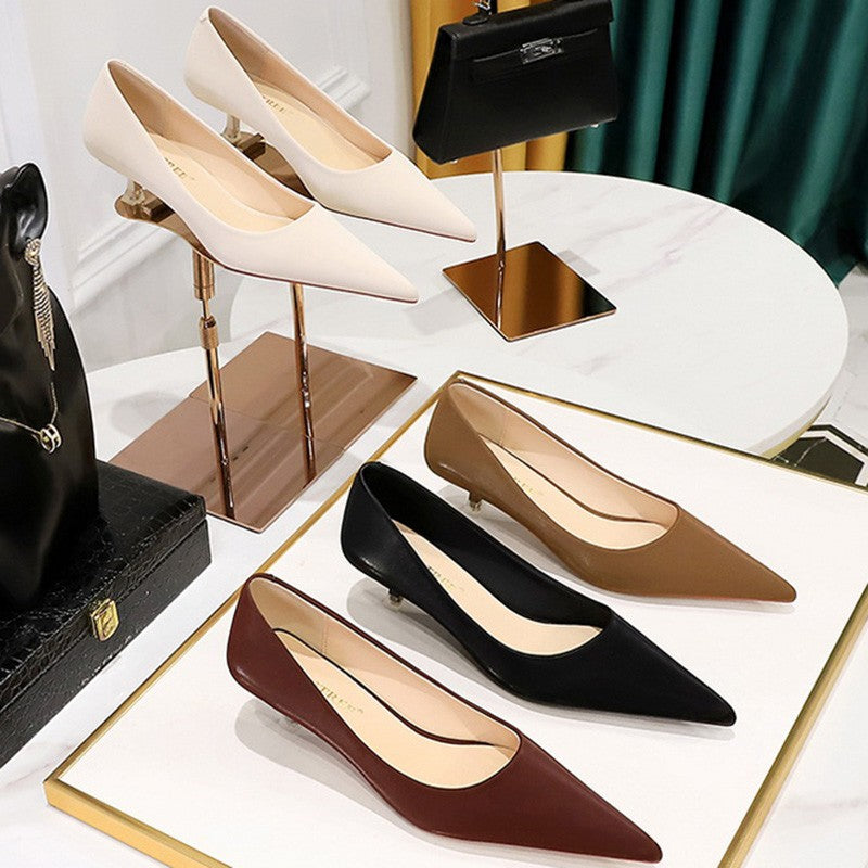 New Big Size Women's Boat Shoes Leather 4.5cm High Heels Pointed Toe Pumps Stilettos Basic Pump For Female White Black Wine Red