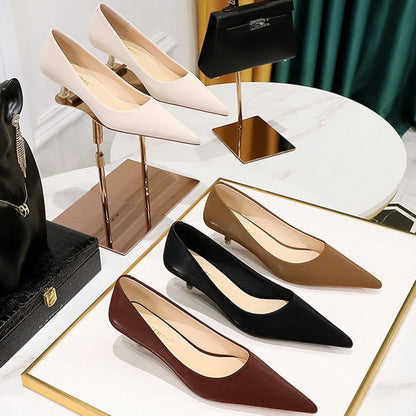 New Big Size Women's Boat Shoes Leather 4.5cm High Heels Pointed Toe Pumps Stilettos Basic Pump For Female White Black Wine Red