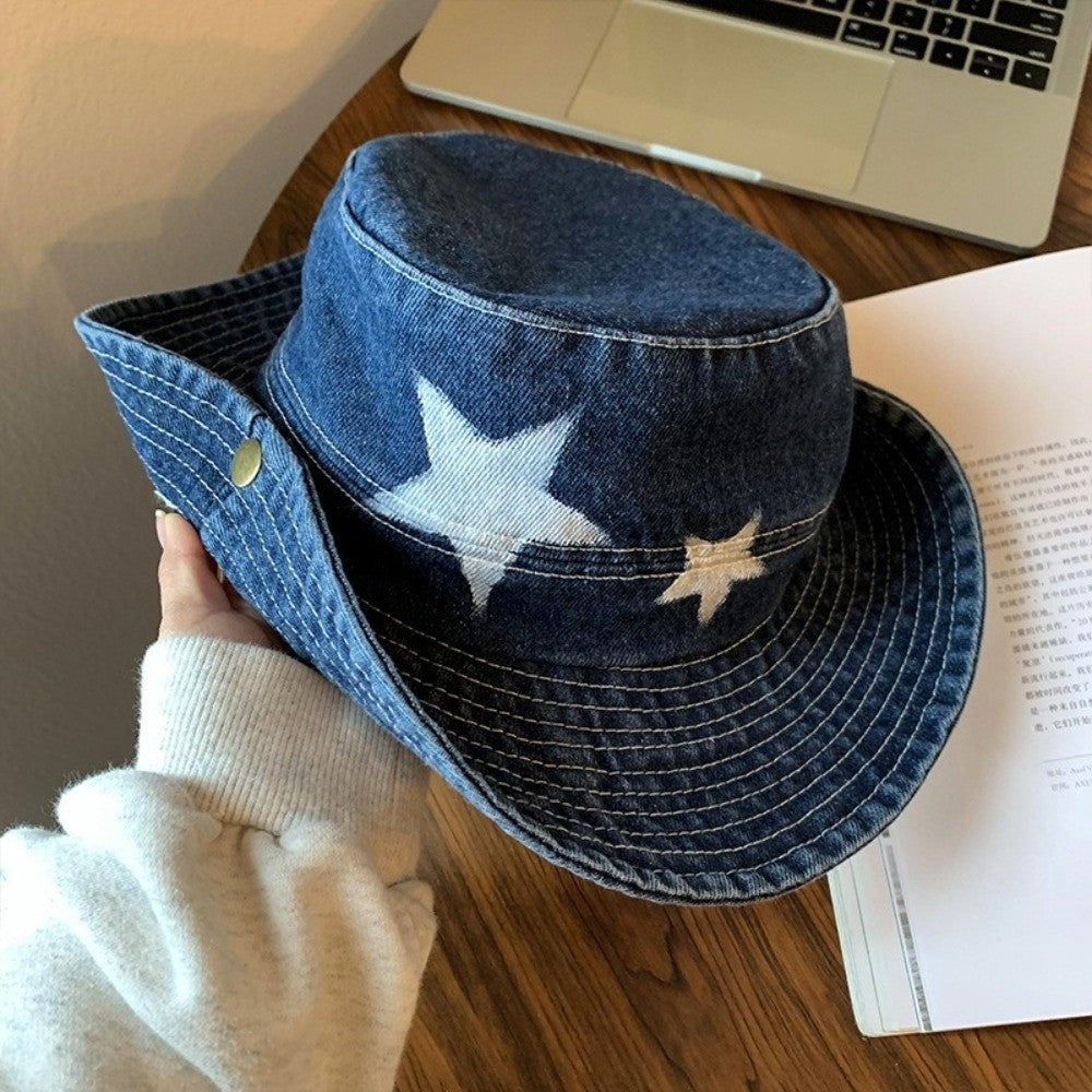 Kawaii Denim Star Fisherman Hat Wide Brim Y2K Outdoor Sun Hat Sunshade Adjustable Western Cowboy Hat Fishing