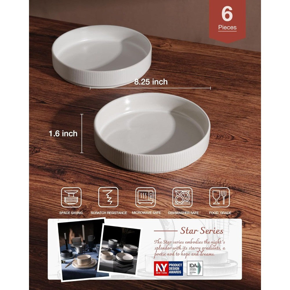 famiware Star 8.25 Pasta Bowls, Large Dinner Bowls Set of 6, Salad Bowl Plates, Shallow Bowls for Eating, Matte White (Full Glaz