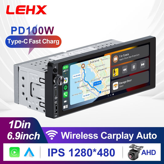 LEHX 1din 6.9 IPS Carplay Android Auto Car Radio Multimedia Single din Car Stereo MP3 MP5 Player Audio Headunit Touch Screen