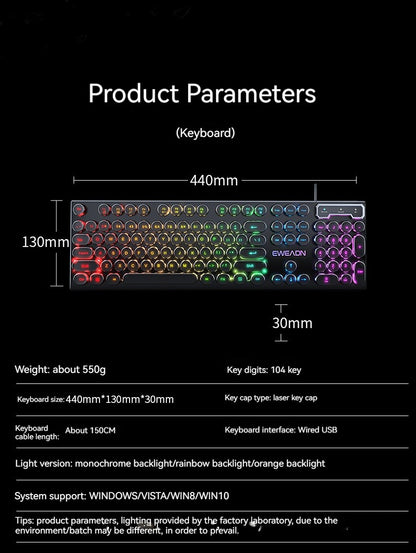 Teclado Gamer EWEADN GX330 Typewriter, 104 Teclas Retro Punk com Teclas Redondas com Fio, com Luz de Fundo RGB, para PC Laptop Windows preto