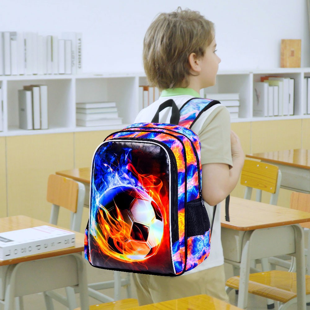 Mochila de Futebol para Meninos 3 Peças, Mochila Escolar Infantil com Lancheira, Mochila Escolar de 17" Resistente à Água para Adolescentes do Ensino Fundamental e Médio