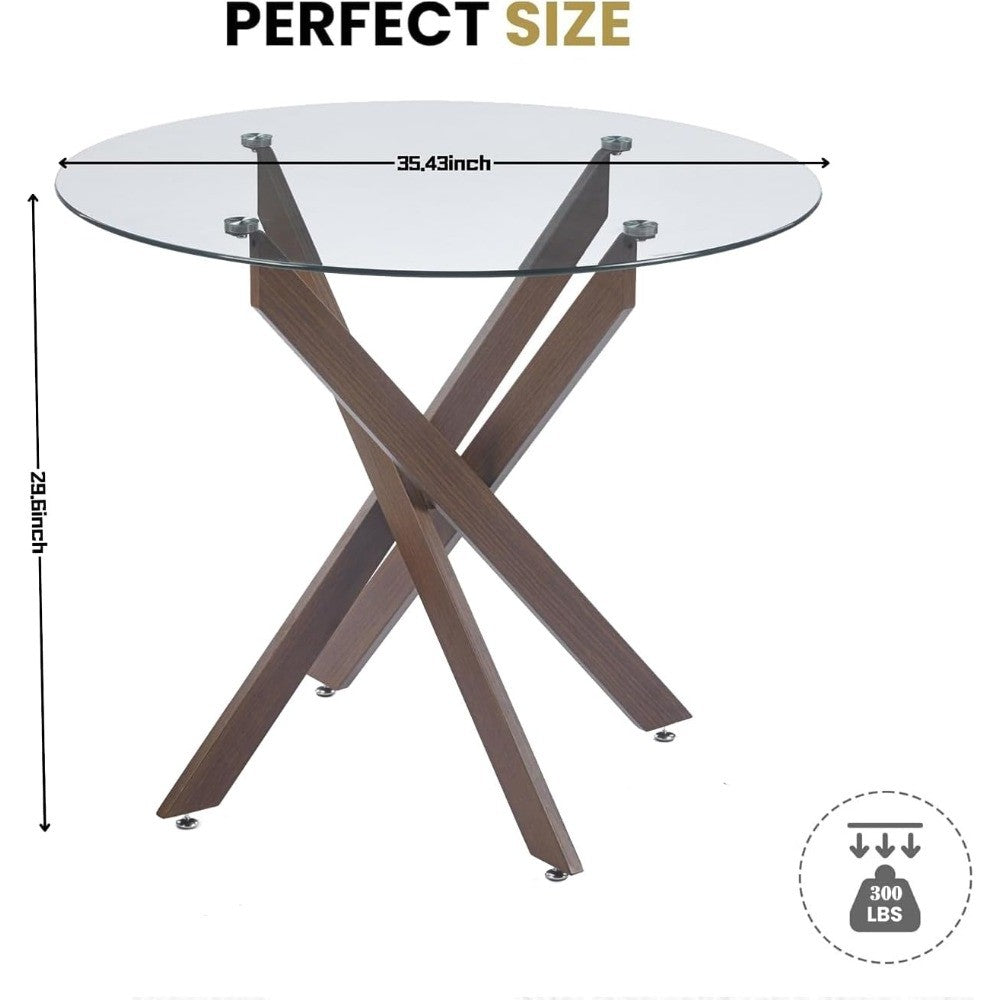 35.4'' Glass Top Round Dining Table for 2-4 People, Sturdy Walnut Metal Legs, Round Glass Kitchen Table for Apartment, Space Sav
