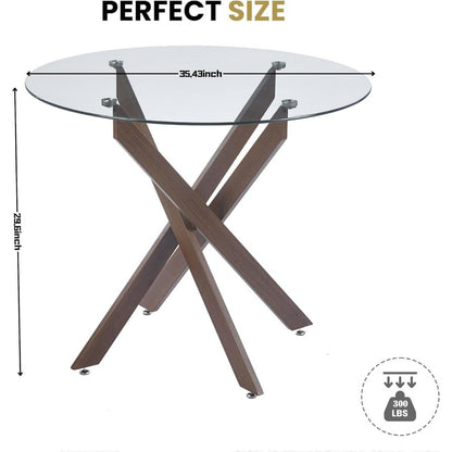 35.4'' Glass Top Round Dining Table for 2-4 People, Sturdy Walnut Metal Legs, Round Glass Kitchen Table for Apartment, Space Sav