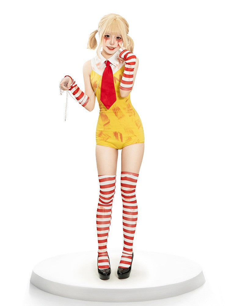 Women Halloween Funny Clown Girl Cosplay Jumpsuit Complete Accessory Set Ladies Party Roleplay Costume Cute Carnival Slim Outfit