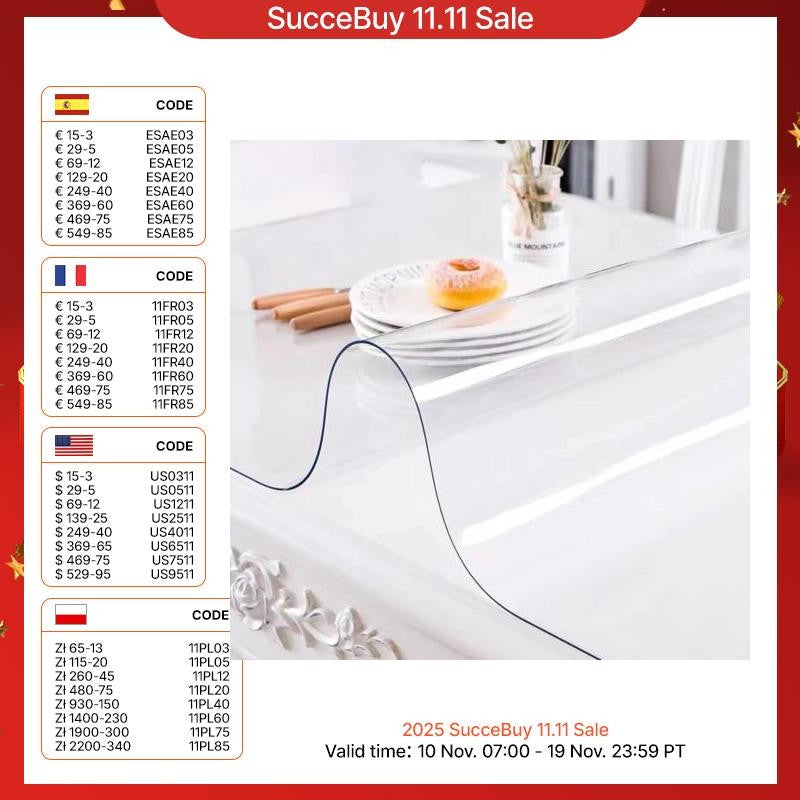 SucceBuy 1.5mm2mm PVC Table Cloth Transparent Clear Desk Cover Protector Plastic Soft Glass Waterproof Oilproof for Dining Table