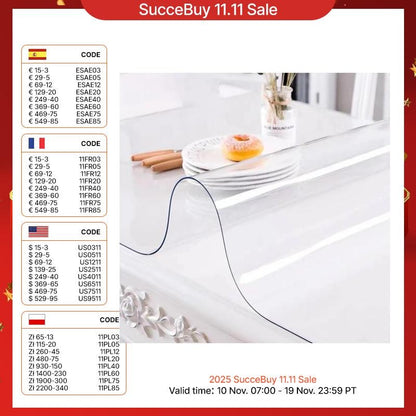 SucceBuy 1.5mm2mm PVC Table Cloth Transparent Clear Desk Cover Protector Plastic Soft Glass Waterproof Oilproof for Dining Table