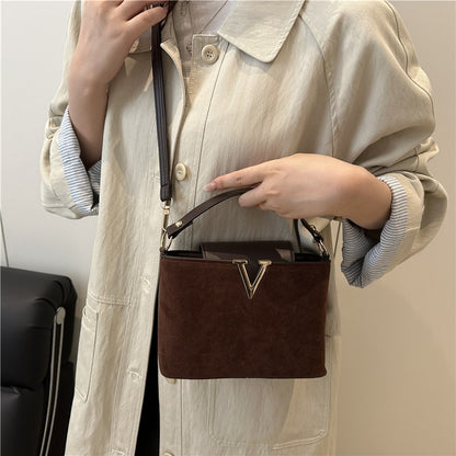 Fashionable Mini Suede Women's Bag, Faux Suede Tote Bag, Hardware Lock Buckle Decoration Handbag Purse Shoulder Cross Body Bags