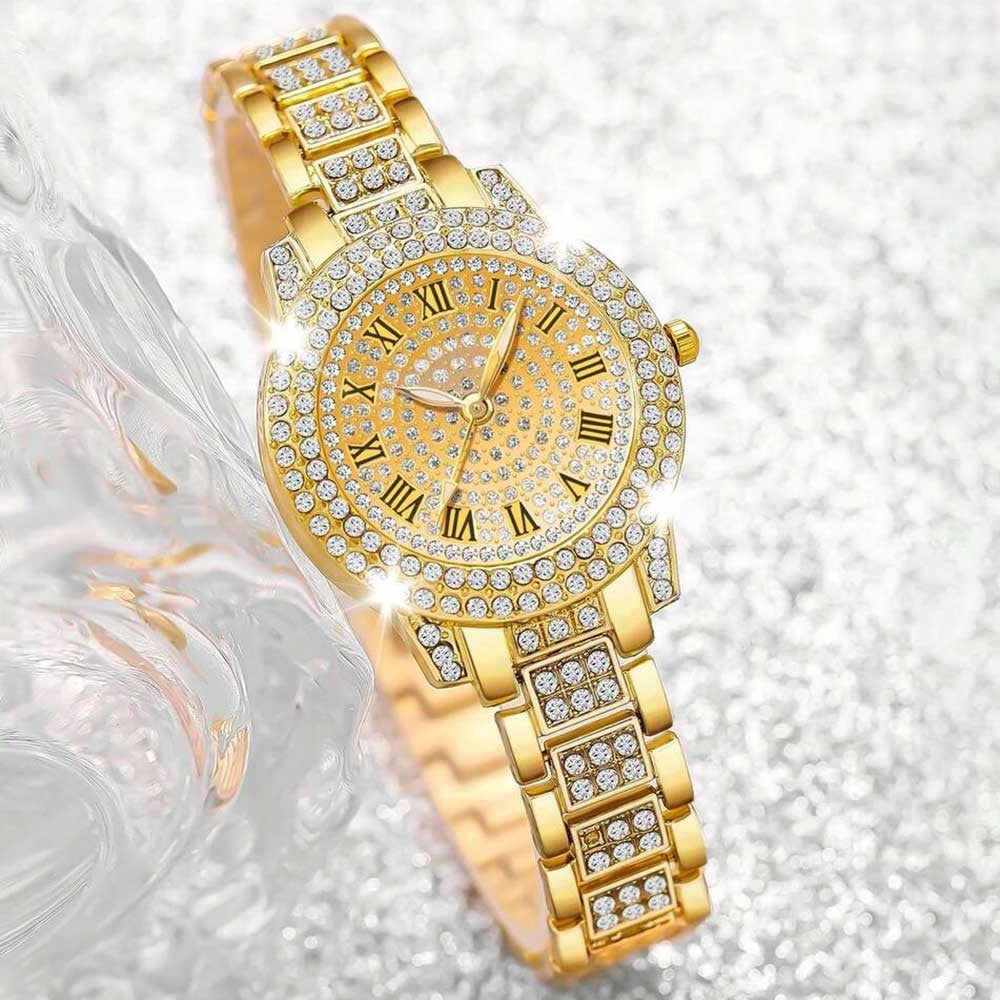 4PCS Luxury Women's Watch Set Trendy Fashion with Rhinestones Roman Numerals Round Dial Quartz watch Bracelet set Perfect Gift