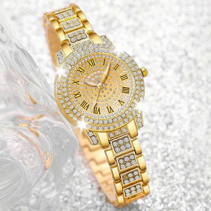 4PCS Luxury Women's Watch Set Trendy Fashion with Rhinestones Roman Numerals Round Dial Quartz watch Bracelet set Perfect Gift