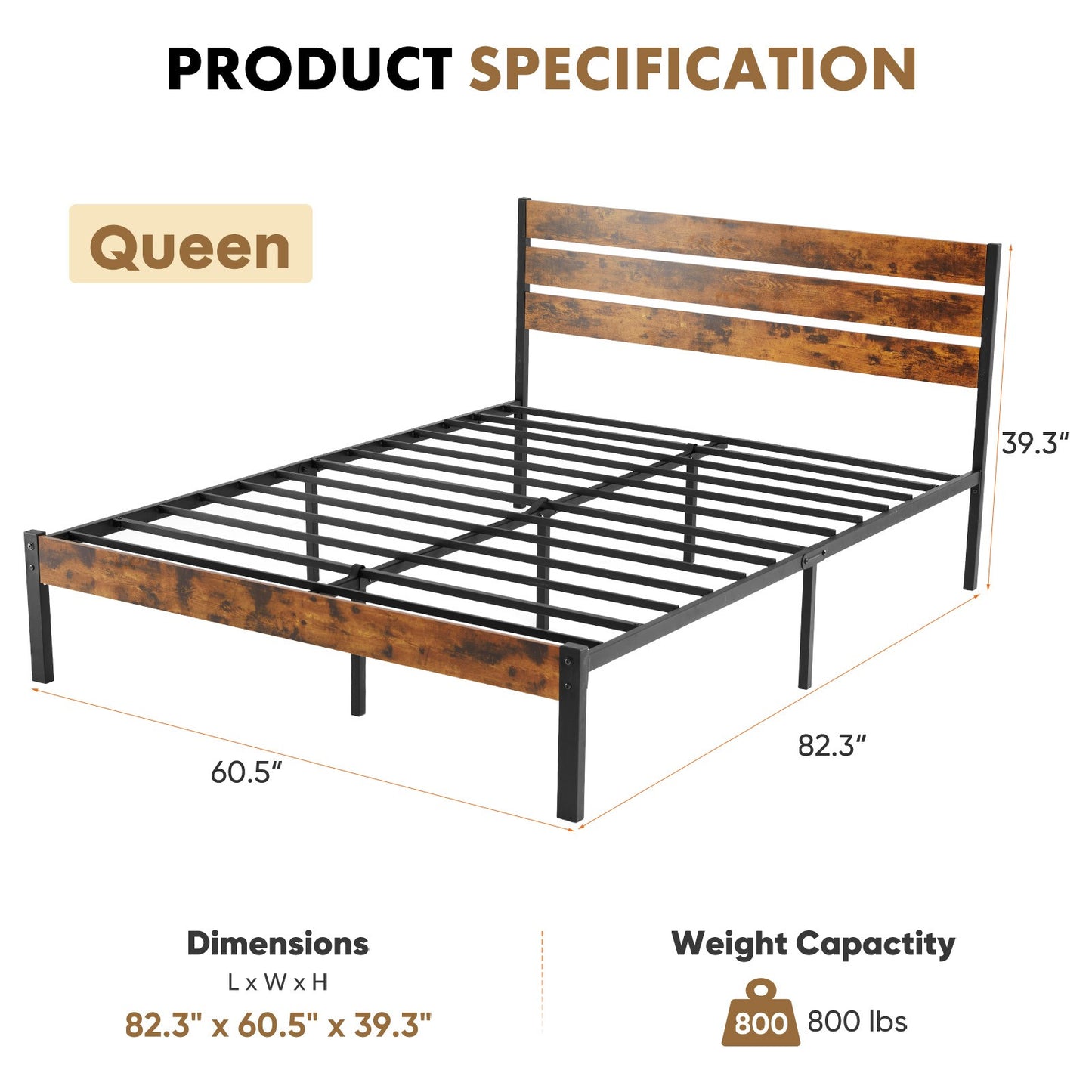 Cama Box de Metal Queen Size JHK com Cabeceira e Peseira e Suporte de Ripas de Madeira Resistente de 800LBS para Quarto e Casa