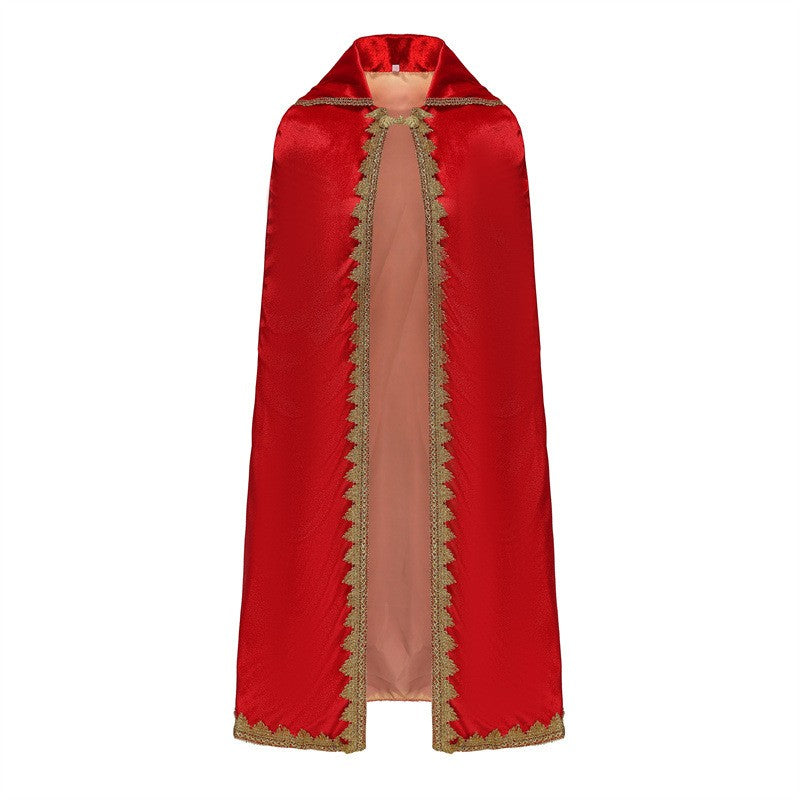 Medieval Royal Long Cape with Golden Lace Trim Floor Length Cloak Adult Men Women King Queen Halloween Cosplay Themed Party Cos