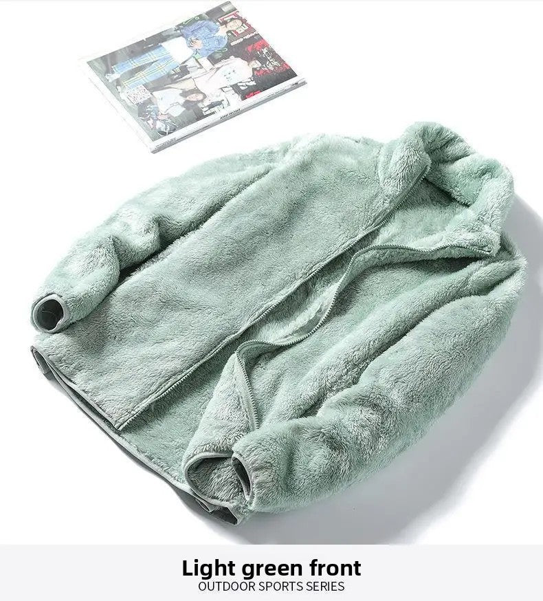 Thickened Fleece Jacket Women's Outdoor Spring Autumn Winter Double-Sided Sweatshirt Open Cardigan Polyester Fiber Stand Collar