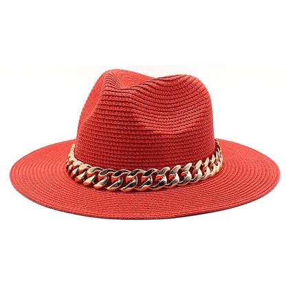 Set Straw Hat and Bag Set Gold Chain Bag Hat Set Ladies Leather Bag Tote Church Fedora Party Jazz Straw Hat