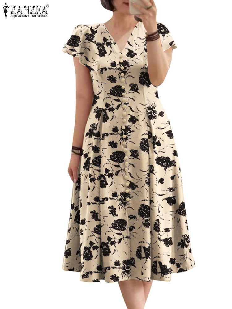 ZANZEA Woman Summer Dresses Ruffle Sleeve V-Neck Cinch Waist, Womens Elegant Flo