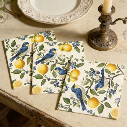 20/40/60pcs Bird Lemon Blueberry Flower Themed Party Napkins, Suitable for Party Tea Parties, Birthdays, and Desktop Decoration