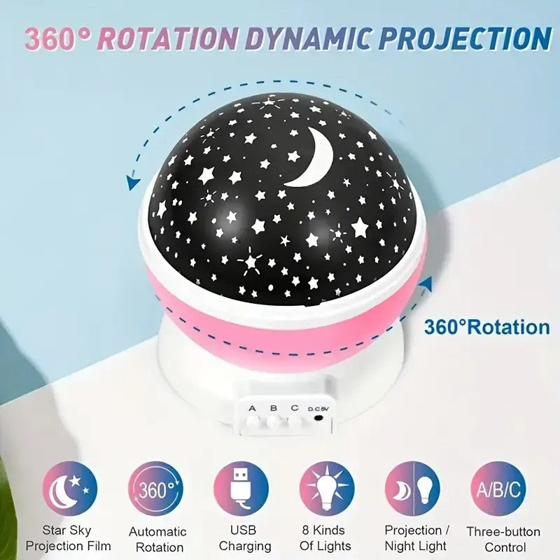 Projetor de luz noturna estrelada alimentado por USB com lua e estrelas – giratório em 360°, 9 modos de cores