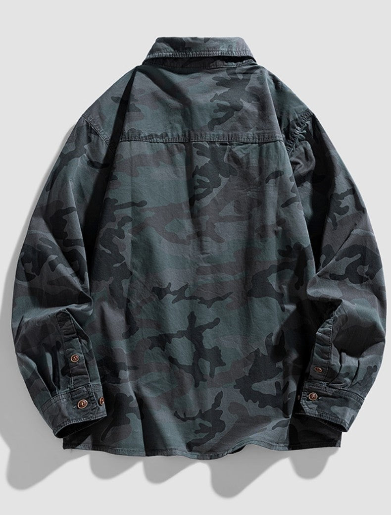 2024 New 95% Cotton Men's Shirt Camouflage Long Sleeve Drop Shoulder Button Pockets Cowboy Loose Casual Work Jeans Shirts