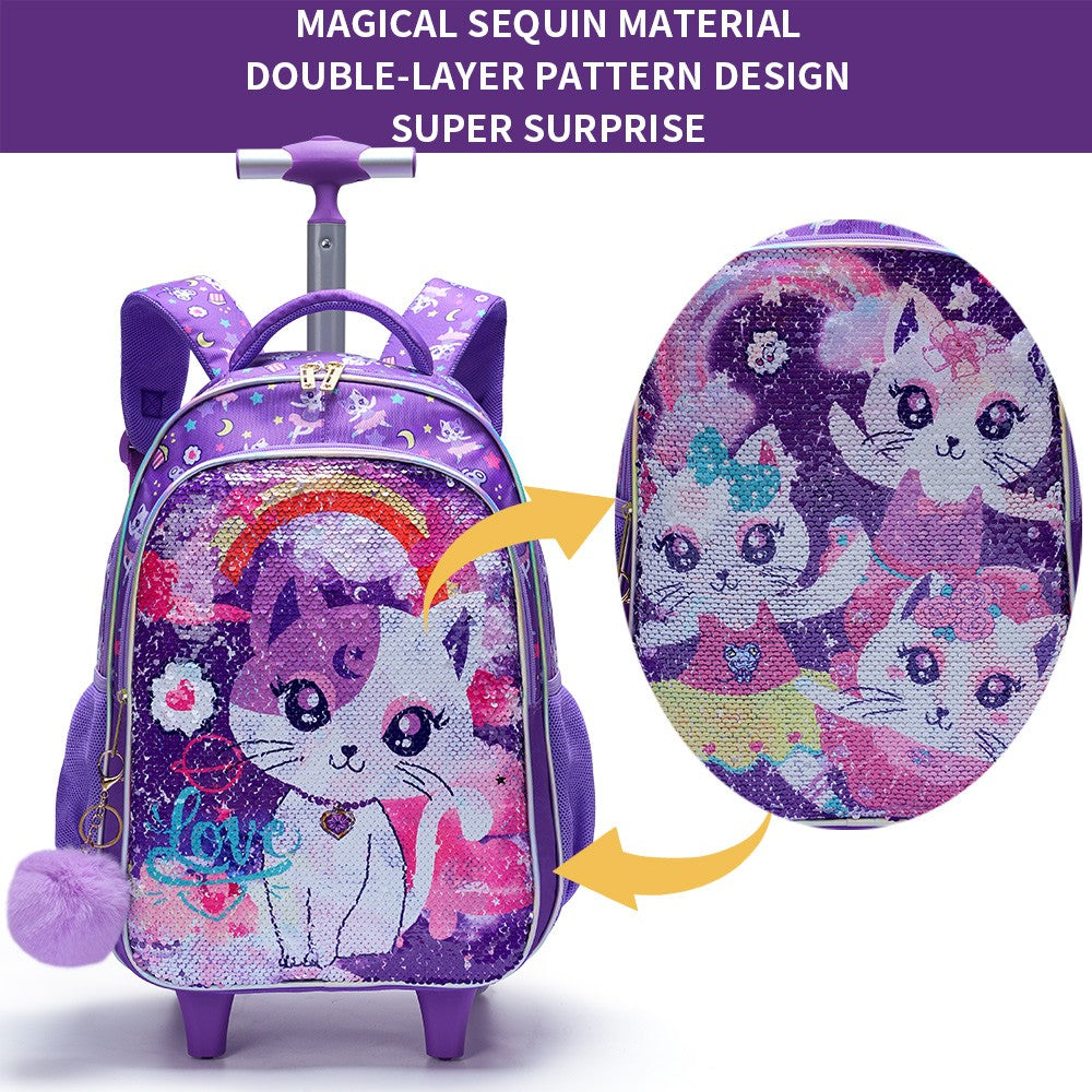 Conjunto de 3 peças Mochila de Rodinhas para Meninas, Linda Mochila Escolar com Rodas de Gatinho de Desenho Animado com Lantejoulas para Alunas do Ensino Fundamental, com Lancheira e Estojo