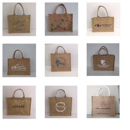 100pcs/lot Custom Printed Grocery Eco Friendly Waterproof Natural Laminated Burlap Sack Jute Beach Bag for Women Towel Wedding